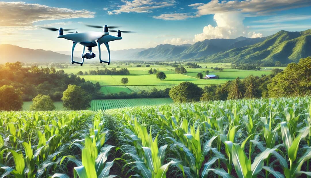 Drohne fliegt über ein grünes Maisfeld mit Bergen im Hintergrund, Symbol für moderne Landwirtschaft und Präzisionsanbau (Quelle: KI-generiert).