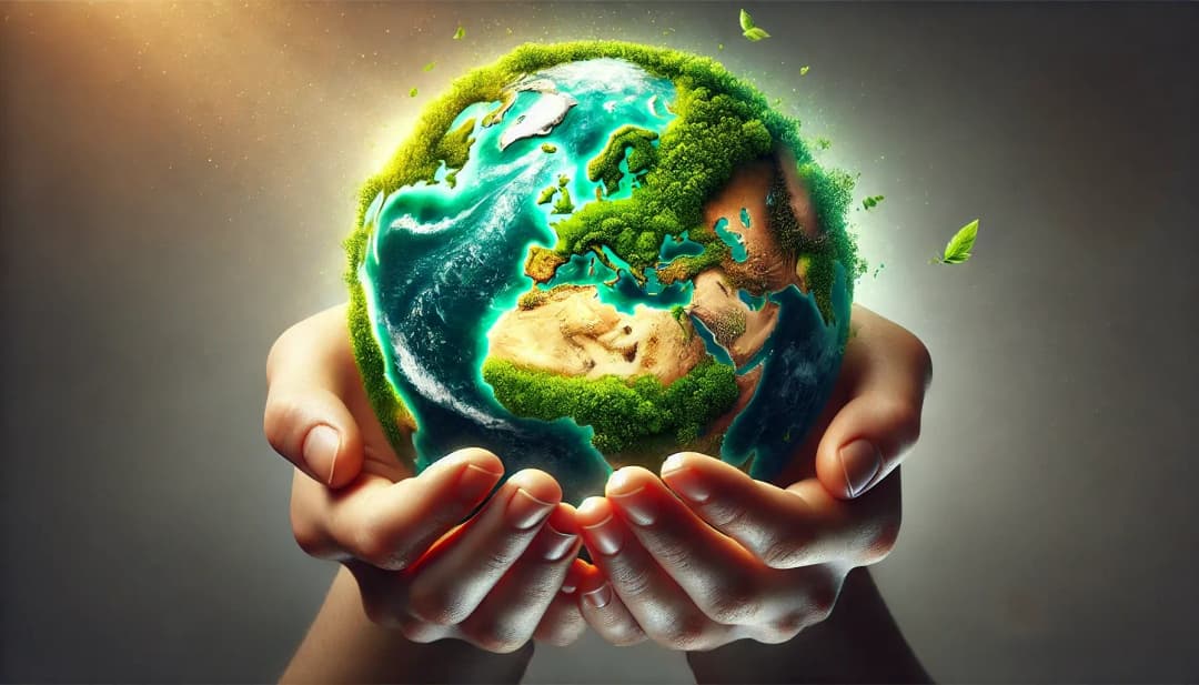 Hände halten eine Erde, die von Bäumen und Natur bedeckt ist, Symbol für Nachhaltigkeit und Umweltschutz (Quelle: KI-generiert).