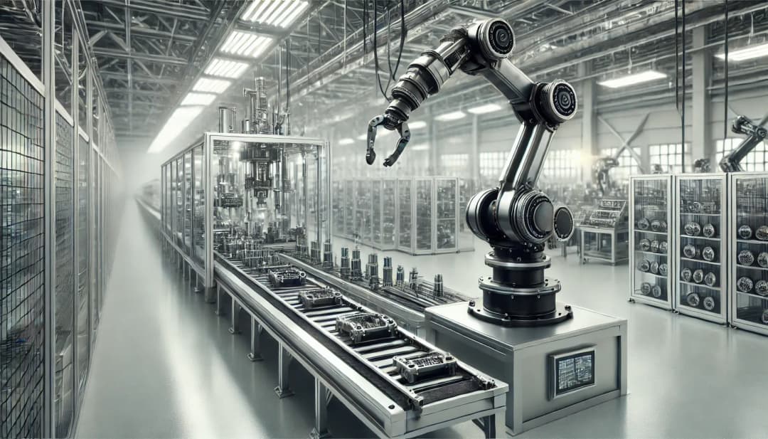 Industrieroboter in einer modernen Fertigungsstraße, Symbol für Automatisierung und Industrie 4.0 (Quelle: KI-generiert).